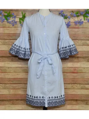 Cremieux Womens SZ 0 Blue White Striped Embroidered Bell Sleeve Tie Waist Dress thumbnail 2