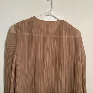 Women's‎ Pleated Blouse Long Sleeve Tan Brown Lace Hem Reversible Tie Closure thumbnail 5
