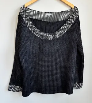 VTG Caren Brook Black Popcorn Texture Top Long Sleeve Polka Dot Wide Neck Size M thumbnail 1