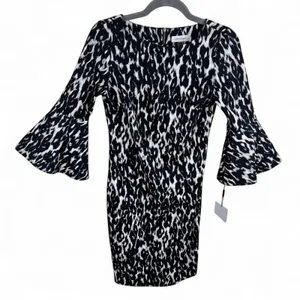 Calvin Klein NWT Womens Black White Animal Print Bell Sleeve Sheath Dress Size 2 thumbnail 2