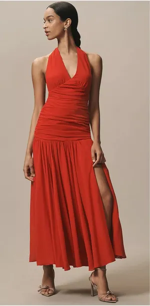 [Anthropologie] Bardot Red Mave Halter Neck Maxi Dress Low Back Ruched Slit 12 thumbnail 1