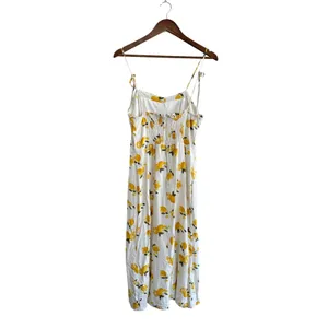 Kirious Lemon Print Linen Blend Midi Dress Yellow White Citrus Vacation Resort thumbnail 9