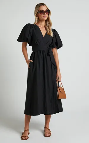 New SHOWPO Amalie The Label - Franc 100% Linen Puff Sleeve Wrap Midi Dress XL thumbnail 2
