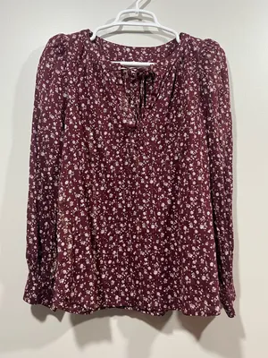 LOFT Maroon Floral Tie-Neck Peasant Blouse Medium thumbnail 1