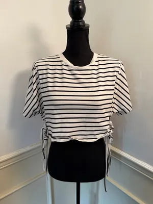 Cider Black & White Striped Cropped Tee Shirt with Side Ties Basic Minimalist thumbnail 1