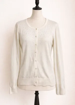Christopher & Banks Off-White Button-Front Cardigan Sweater | Rhinestone Detail thumbnail 1