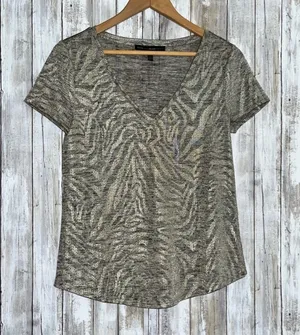 White House Black Market Metallic Sheer Zebra Print V-Neck Tee •Small thumbnail 1