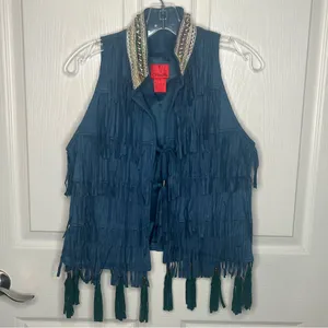 V Christina Faux Suede Fringe Blue Vest Size S Festival Ready Boho thumbnail 12