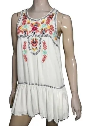 Lovers + Friends Womens Size S White Drop Waisted Mexican Embroidered Tank Dress thumbnail 1
