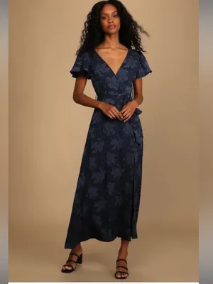Lulu’s Compelling Love Navy Blue Jacquard Floral Short Sleeve Maxi Dress NWT S thumbnail 7