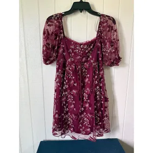 Allison + Kelly Burgundy Butterfly Embroidered Mesh Puff Sleeve Mini Dress XS thumbnail 3