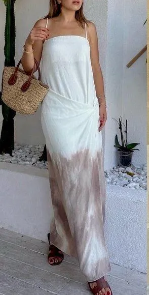 Zara NWT ombré tie dye beige brown white midi maxi dress with side slit thumbnail 1