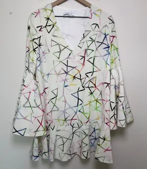 Alexis‎ Women 100% SILK Mini Dress Large Abstract Bell Sleeve Shift Party Event thumbnail 1