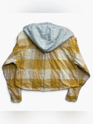 American Eagle Hooded Plaid Flannel Shirt Women Small Mustard Yellow Cropped thumbnail 4