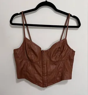 IRIS Vegan Brown Leather Vintage Corset Crop Tank Top Women’s Sz L EUC thumbnail 1
