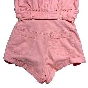 For Love & Lemons Pink Millie Linen Blend Romper in Mango US XS thumbnail 8