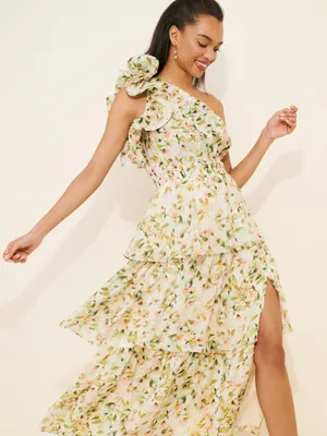 Anthropologie Astr Floral Imelda Maxi Dress One-Shoulder Tiered thumbnail 1