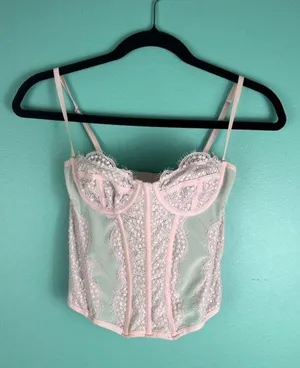 Out From Under Pink Lace Corset Bustier Top S | Sheer Mesh Lingerie Style Crop U thumbnail 1