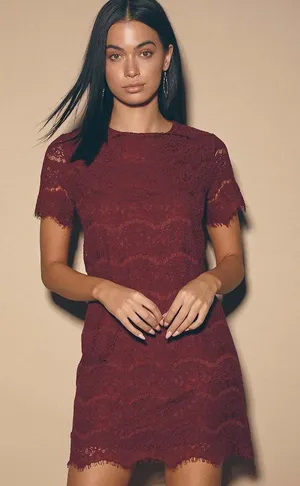New Lulus Take Me to Brunch Burgundy Lace Shift Dress Size Medium/XL MSRP $49 thumbnail 1