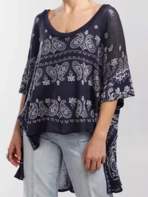 EUC Free People No Matter What High/Low Paisley Top Blue Oversized Small thumbnail 1
