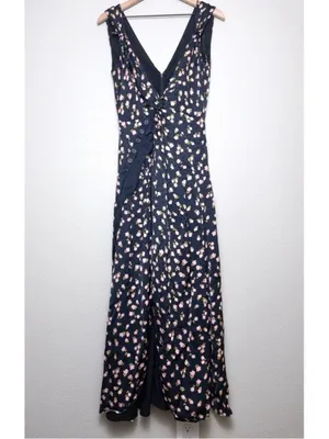 Self Portrait Twisted Ruffle Floral Jacquard Dress 10 Maxi Satin Twill Slit thumbnail 3