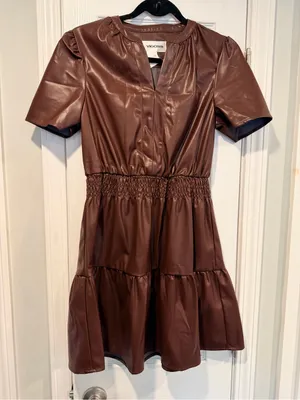 NWT Vigoss Size S Brown Faux Leather Mini Dress Puff Sleeve Smocked Waist V Neck thumbnail 1