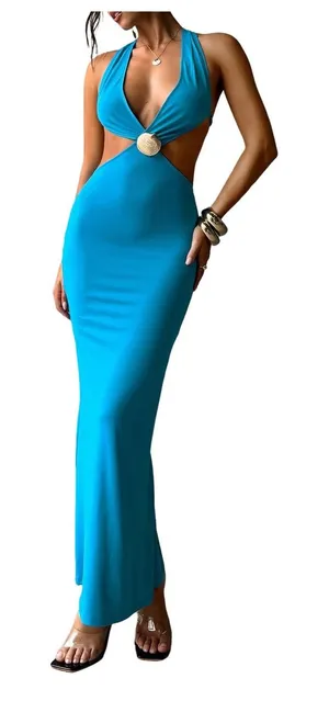 NWOT Floerns Womens Cut Out Metal Ring Halter Neck Bodycon Maxi Dress Blue Small thumbnail 1
