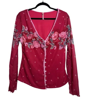Free People x REVOLVE Home Grown Mesh Cardi Magenta Floral Strawberry L NWOT thumbnail 1
