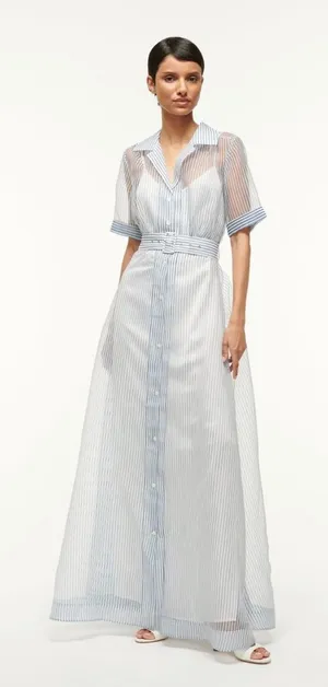 NWT STAUD Millie Dress Pink Plaid Sheer Maxi Bohemian Lagenlook Beachy Size 4 thumbnail 1