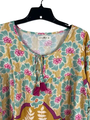 Natural Life Boho Floral Tassel Peasant Top M Mustard Teal Pink 3/4 Sleeve thumbnail 4