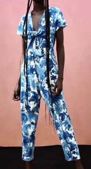 ZARA Floral Tie Front Linen Blend Jumpsuit Blue Small‎ thumbnail 1