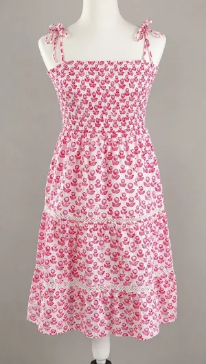 Roller Rabbit Target Pink Floral Smocked Tiered‎ Maxi Dress Tie Strap Lined NEW thumbnail 1