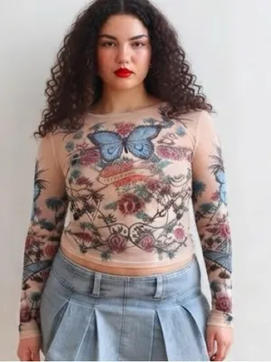 Madden Girl Y2K Tattoo Print Mesh Long Sleeve Top Butterflies Hearts Roses 2XL thumbnail 1