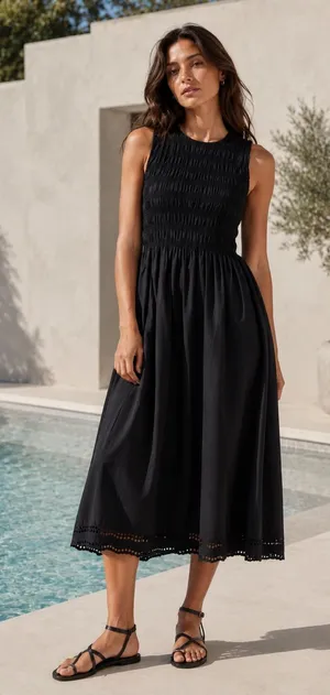 Madewell The Embroidered Melody Smocked Midi Dress Black thumbnail 1