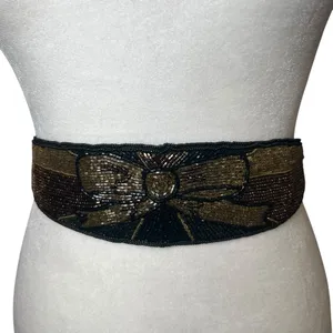 VTG 90s Hand Beaded Tie Belt Art Deco Boho Waist Sash Black Gold Destinee Glam thumbnail 2