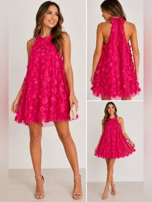 TCEC Pink 3D Floral Mini Halter Dress With Back Bow Tie Size S Valentine Party thumbnail 2