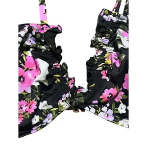 Shade & Shore‎ Womens Floral Bikini Set Black Pink Ruffle Edge Coquette Medium thumbnail 11