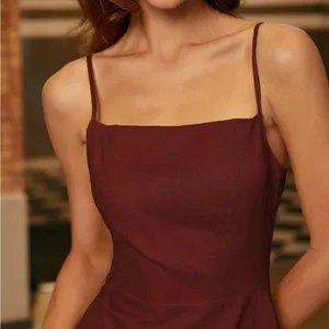 Rihoas Wine Red Square Neck Shirred Slip Midi Dress thumbnail 2