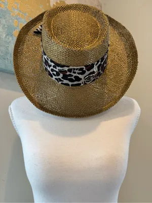 Source Unknown Straw Wide Brim Hat with Leopard Band - Brown thumbnail 6