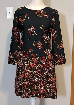 Abercrombie & Fitch Black Floral Bell Sleeve Mini Dress Rose‎ Print Side Zip thumbnail 1