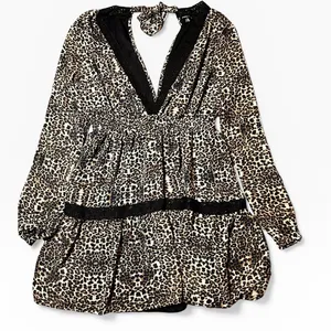 Kendall + Kylie Leopard Print Lace Trim Mini Dress XL Peasant‎ Boho V Neck Short thumbnail 1