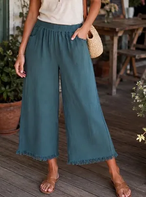 Umgee Linen Blend Boho Wide Leg Cropped Fringe Hem Pants Womens Medium thumbnail 1
