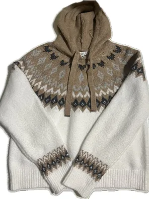 Rachel Zoe Cream and Tan Nordic‎ Hooded Knit Sweater with Gray Accents thumbnail 1