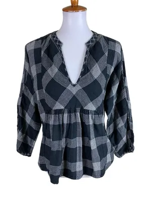 Madewell Black White Plaid Peplum Boho‎ Blouse Medium thumbnail 1