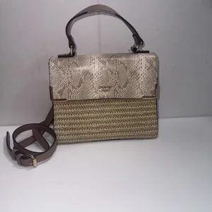 Dune London Embossed Snake‎ Print Designer Lux Crossbody Gold Straw Wicker Purse thumbnail 4