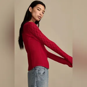Lucky brand Textured Mixed cable knit Sleeve Henley cotton red M oversized boho​ thumbnail 8