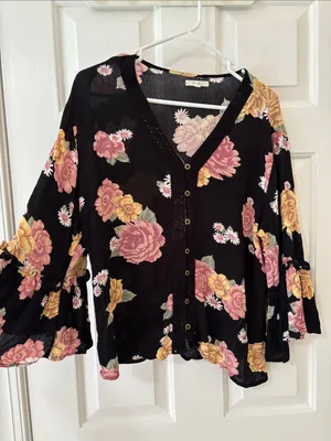 Maurices Black Button-Front Blouse with Pink & Yellow Floral Print thumbnail 1