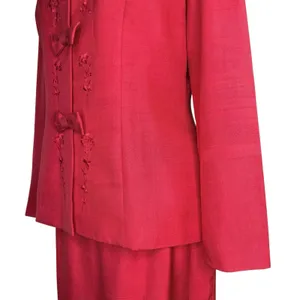 Vintage 90s Liz Claiborne 100% Silk Red Skirt Suit Set Bow Embroidery Size 6‎ thumbnail 5