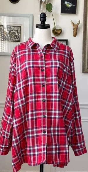 L.L. Bean Women's Fleece-Lined Flannel Shirt Button Up Red Blue Plaid $90 3X thumbnail 1