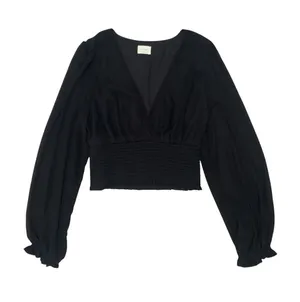Wilfred Aritzia Wistful Blouse Black Size M Smocked V Neck Sheer Sleeve thumbnail 1